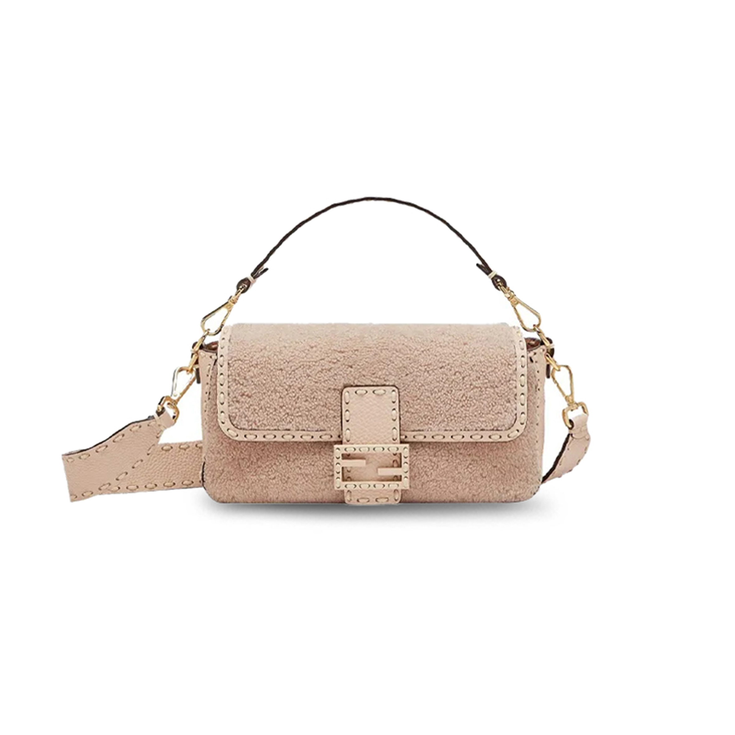 F**di baguette nm bag shearling with stitched leather medium pink 8br600ah96f1f7n (27*15*6cm)